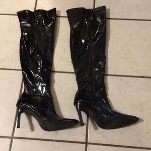 3” knee high, black leather high heel boots